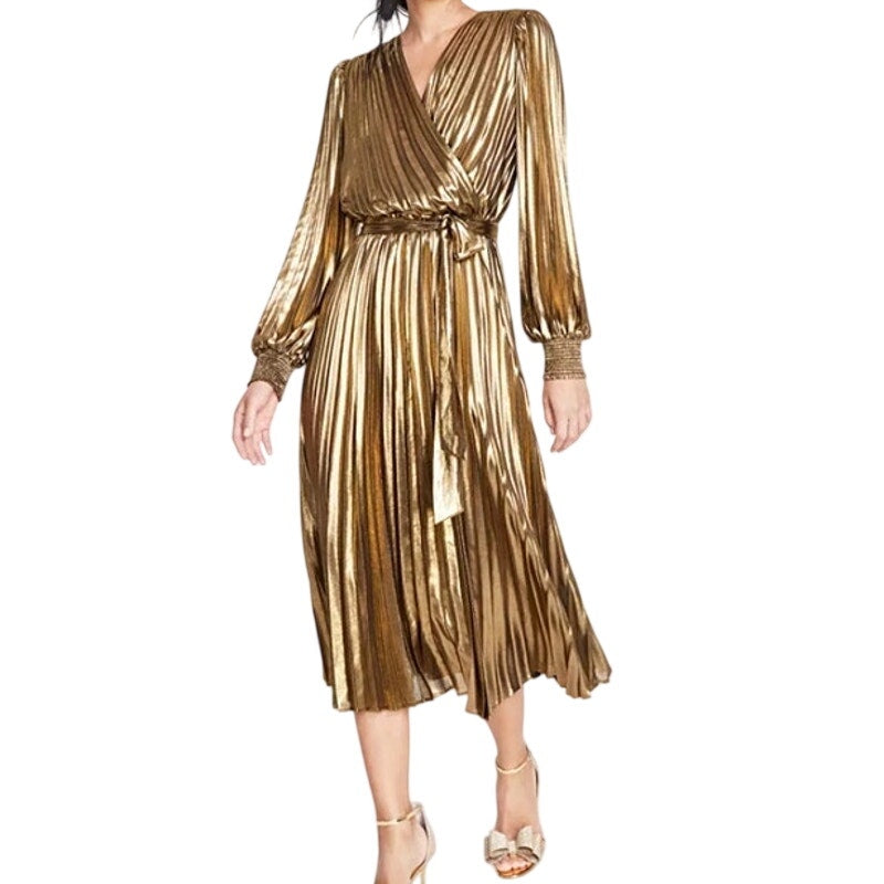 INC International Concepts Women's Metallic Pleated Midi Dress in Gold