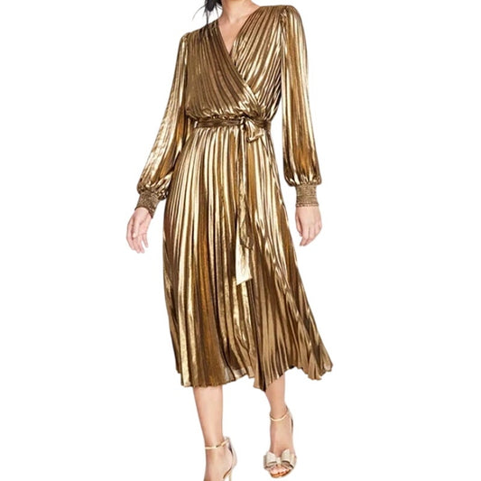 INC International Concepts Women's Metallic Pleated Midi Dress in Gold