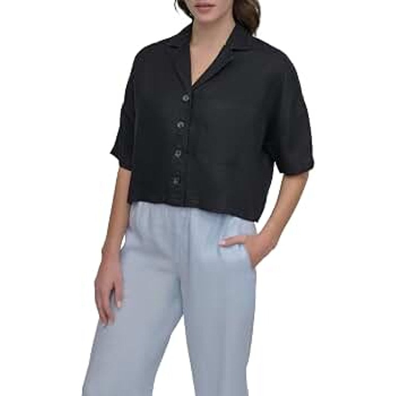 DKNY Women's Oversized Button-Front Dolman-Sleeve Top in Black