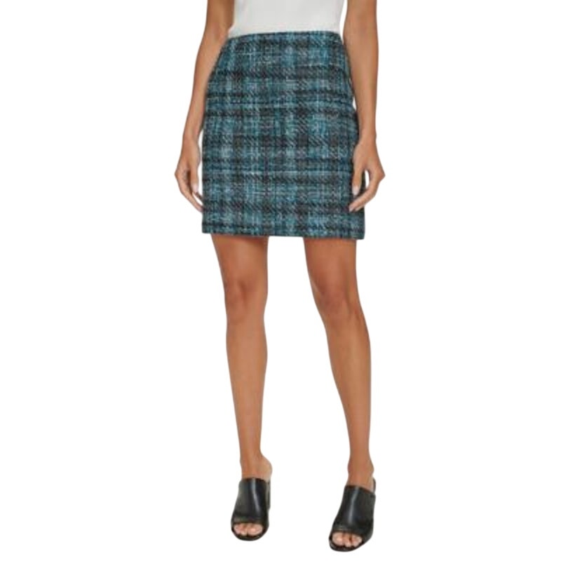 Calvin Klein Women's Tweed Plaid Print Pencil Skirt in Marine Blue & Black