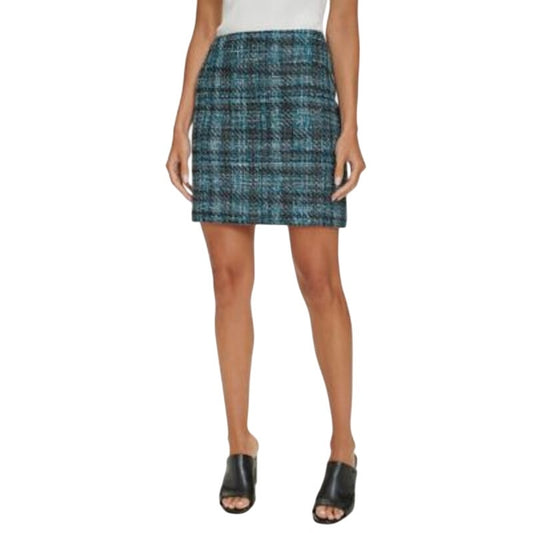 Calvin Klein Women's Tweed Plaid Print Pencil Skirt in Marine Blue & Black