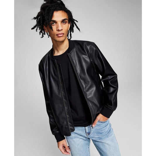 AND NOW THIS Men's Faux Leather Bomber Jacket In Black