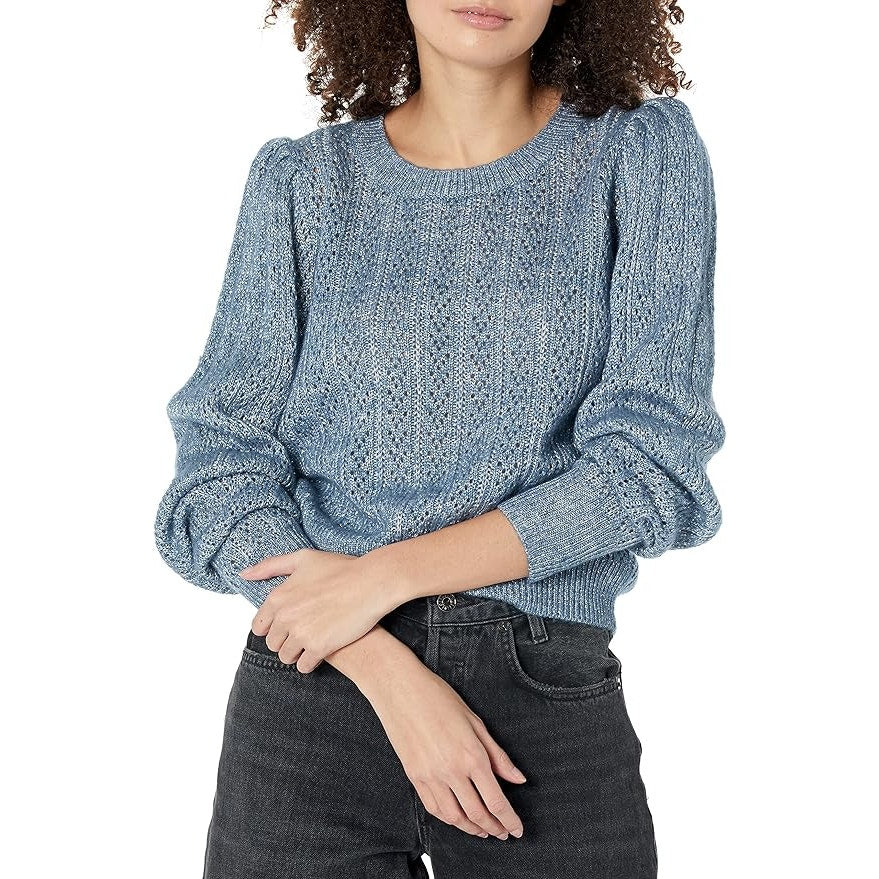 PAIGE Women's Athena Sweater Crewneck Cropped Puff Sleeve in Moondust Metallic