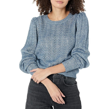 PAIGE Women's Athena Sweater Crewneck Cropped Puff Sleeve in Moondust Metallic