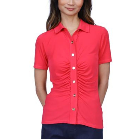 Michael Kors Petite Button Front Ruched Top in Deep Pink, Size PXS
