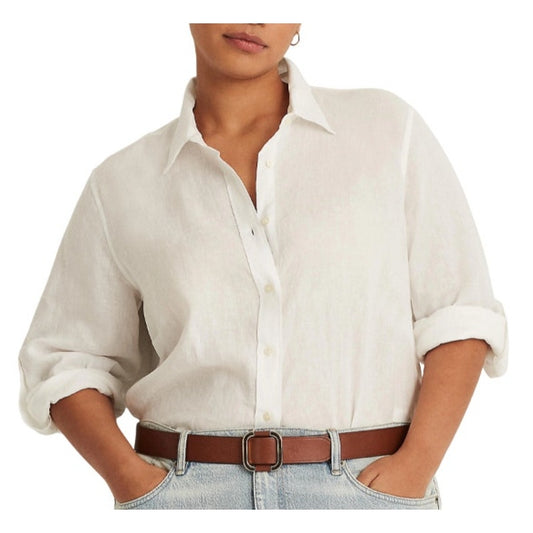 Lauren Ralph Lauren Women's Plus Linen Roll-Tab Shirt in White, Size 3X