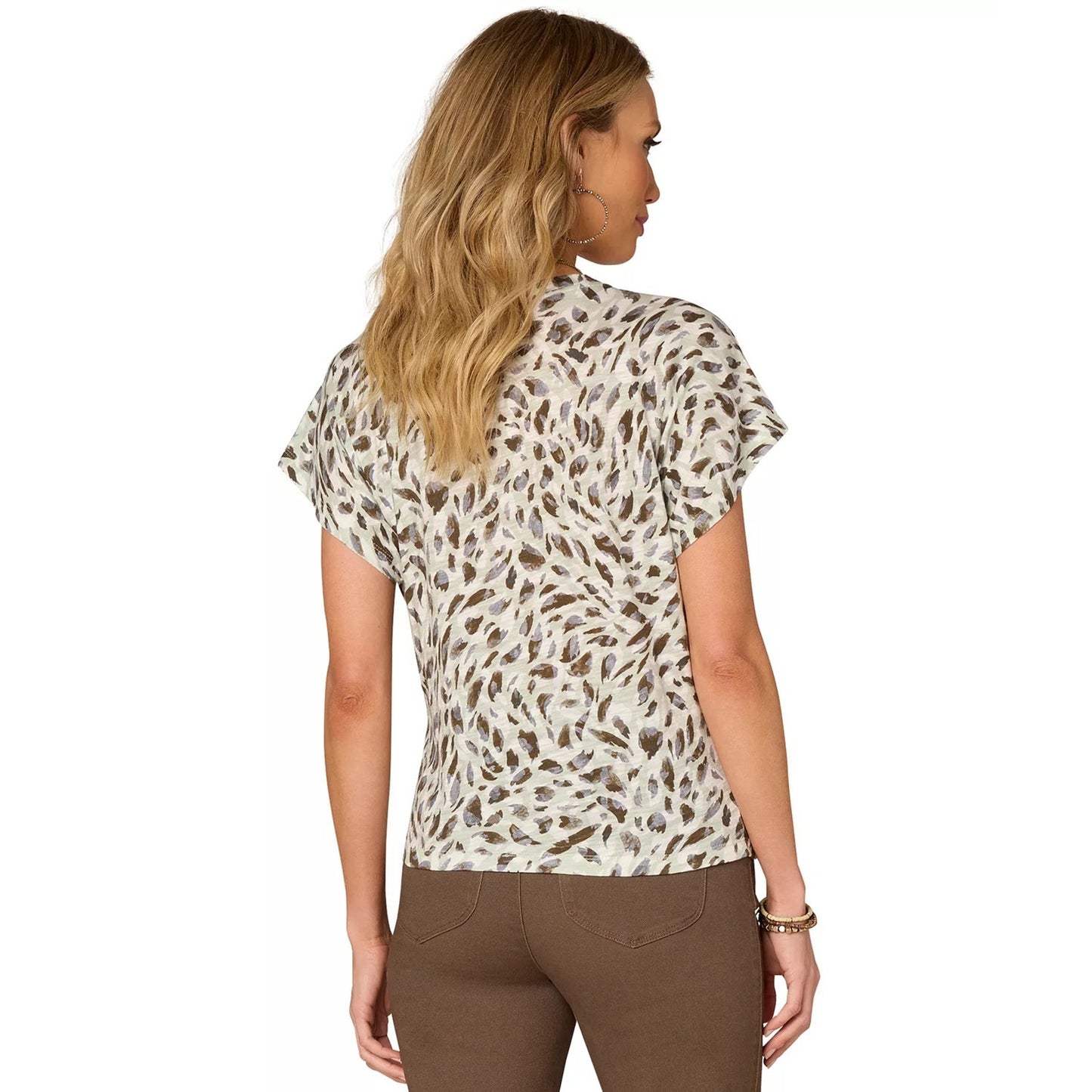 Democracy Petite Printed Side-Twist Short-Sleeve Top in Olive Multi