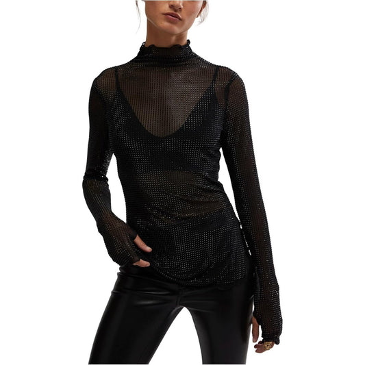 Free People Women's Dance All Night Long Sleeve Sheer Top in Black