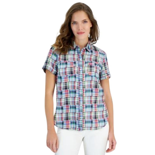Nautica Jeans Women's Patchwork Plaid Cotton Button Up in Night Sky Blue