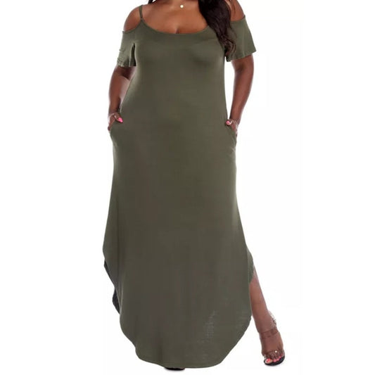 White Mark Women's Plus Size Cold Shoulder "Lexi" Maxi Dress in Olive Green