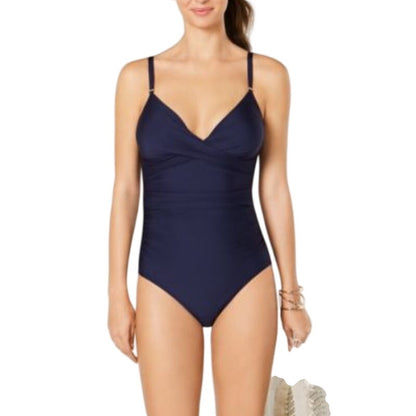 Calvin Klein Twist-Front Tummy-Control One-Piece Swimsuit in Navy Blue