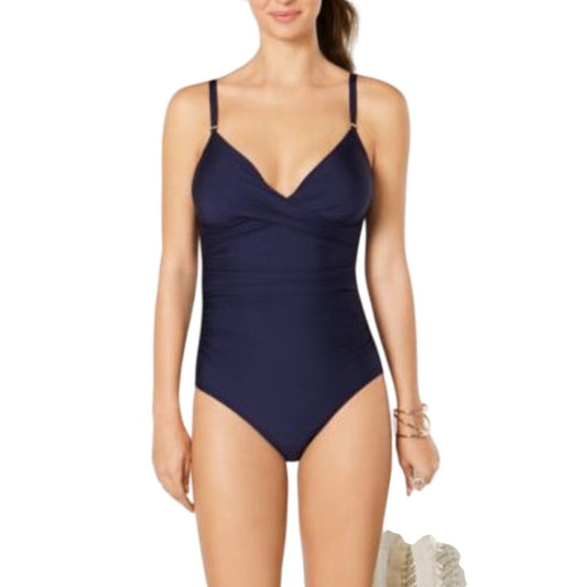 Calvin Klein Twist-Front Tummy-Control One-Piece Swimsuit in Navy Blue