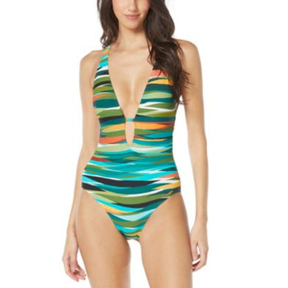 Vince Camuto Women's Printed Plunge One Piece Swimsuit in Green Multi