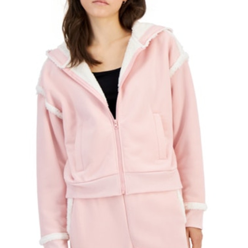 Crave Fame Juniors Sherpa Trim Long Sleeve Jacket in Silver Pink