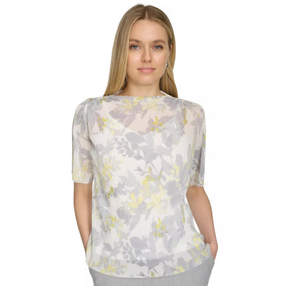 Calvin Klein Printed Mock Neck Short-Sleeve Top in Gray Yellow Floral