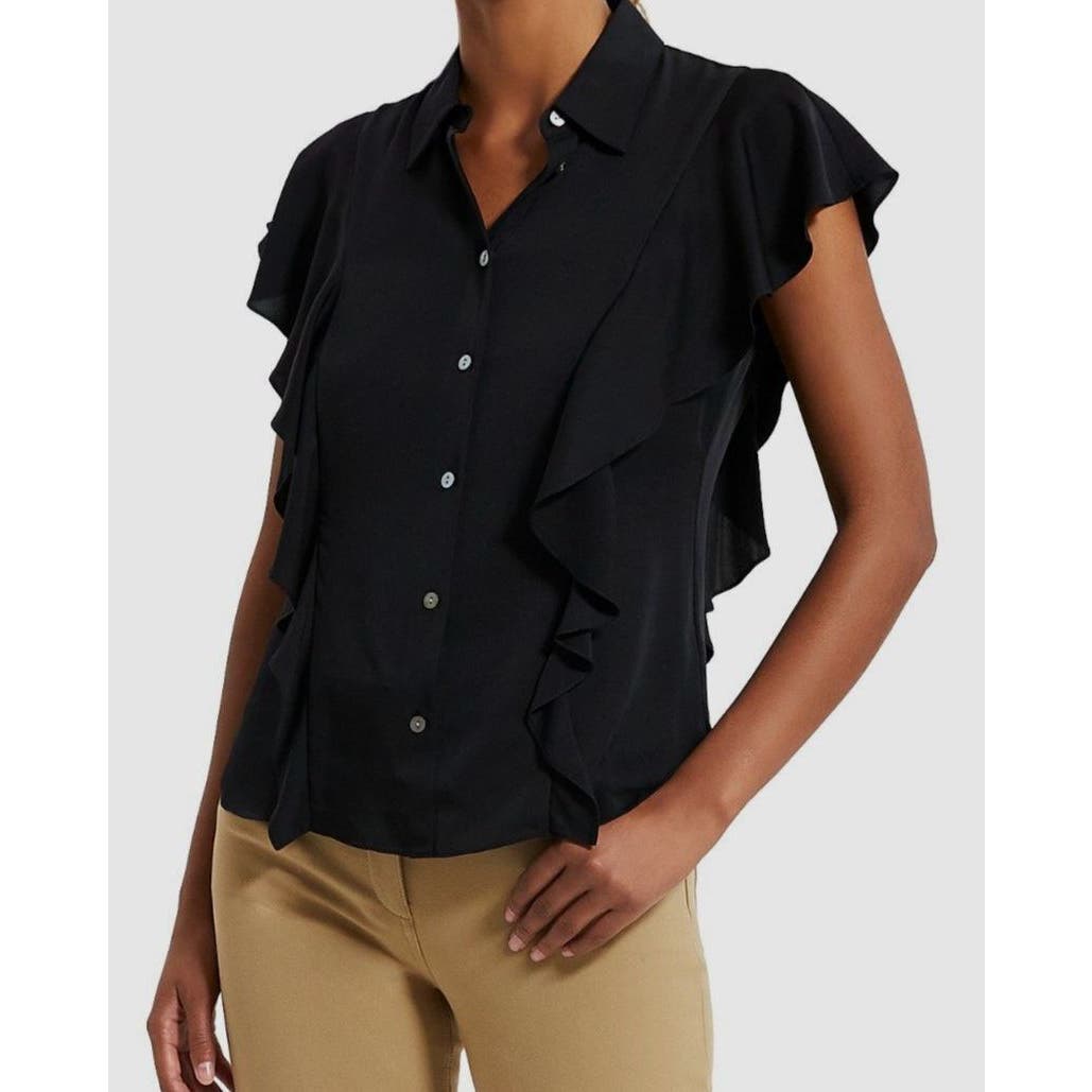 Theory Women Black Ruffle Cap Sleeve Silk Georgette Blouse Top