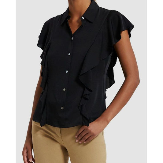 Theory Women Black Ruffle Cap Sleeve Silk Georgette Blouse Top, Size Medium