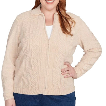 Alfred Dunner Women's Plus Size Zip Sweater in Classic Latte Tan