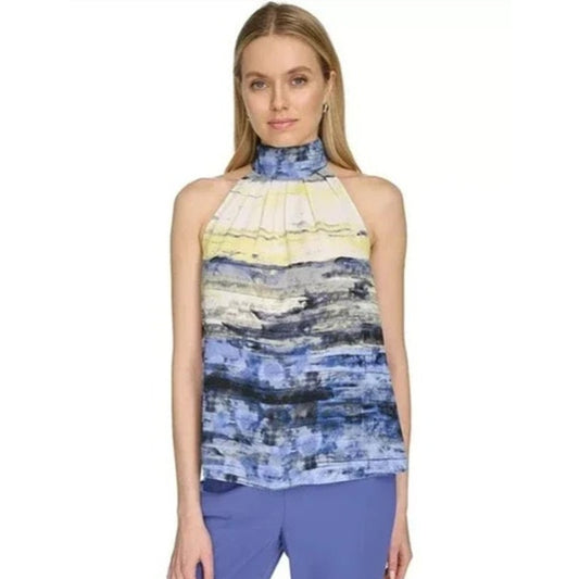 Calvin Klein Women's Sleeveless Watercolor Halter Top in Blue & Yellow