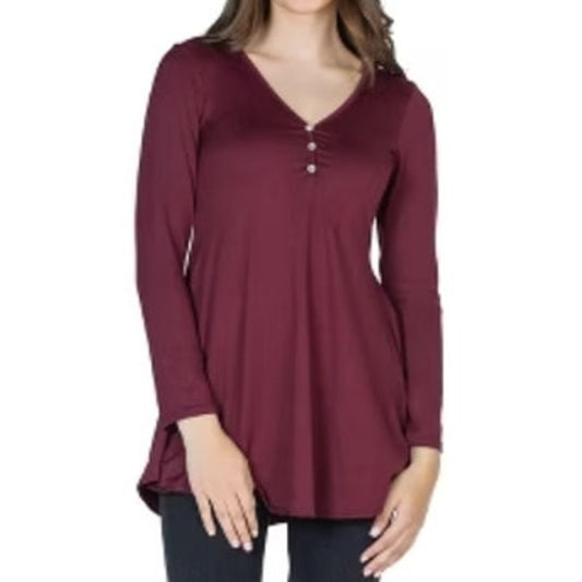 24seven Comfort Apparel Women's Flared Long Sleeve Henley Top in Dark Red