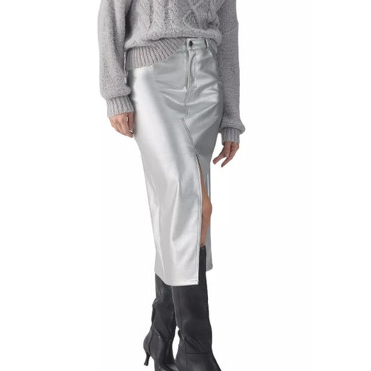 INC International Concepts Women's Metallic Faux-Leather Midi Skirt in Silver