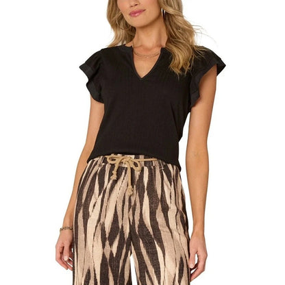 Democracy Trendy Plus Relaxed Flutter Sleeve Ribbed Top in Black