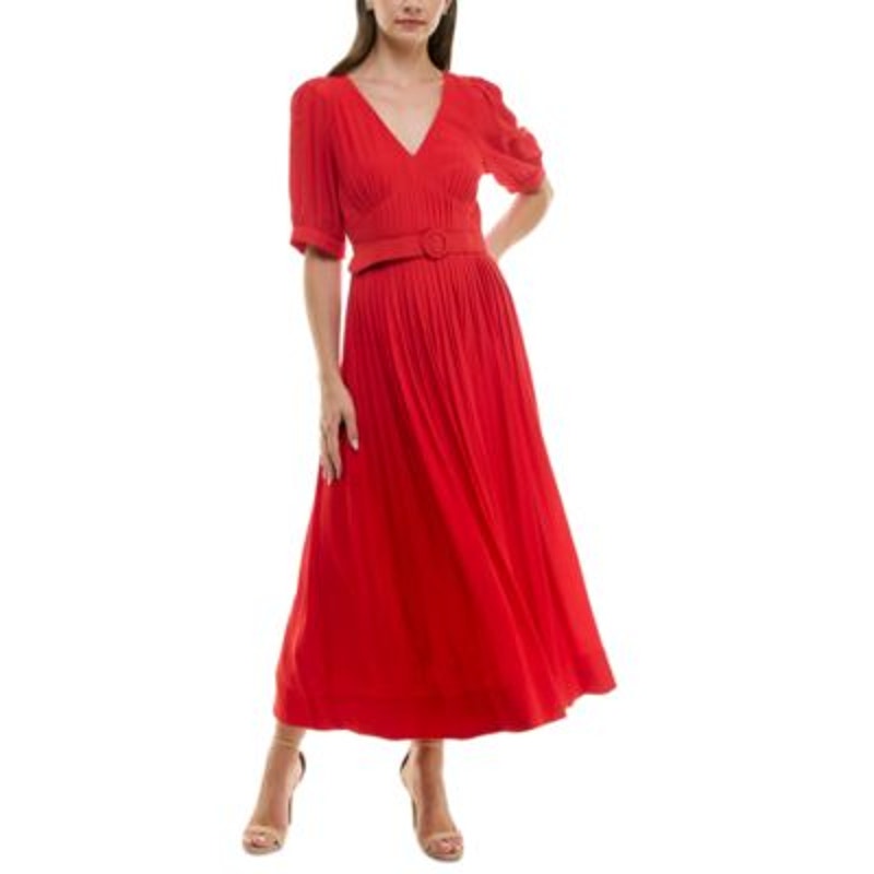 Taylor Women's Pleated Belted Fit & Flare Midi Dress in Red