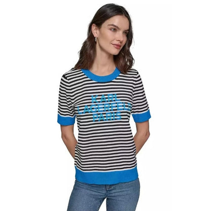 KARL LAGERFELD PARIS Women's Striped Sweater in Soft White & French Blue