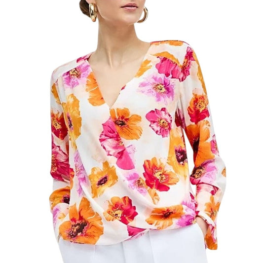 INC International Concepts Women's Fleur Dana Blooms Pink Orange Top, Size Large
