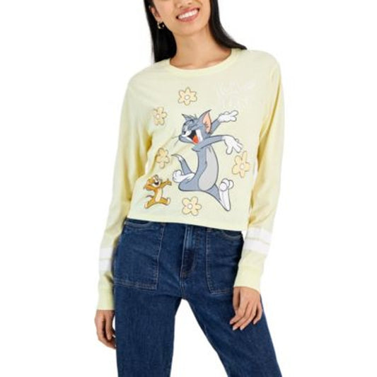 Love Tribe Juniors Tom & Jerry Graphic Print Anise Flower Yellow Long Sleeve Top