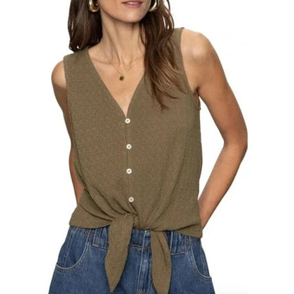 Sanctuary Women's Textured Sleeveless "Link Up" Button Top in Burnt Olive, XXS