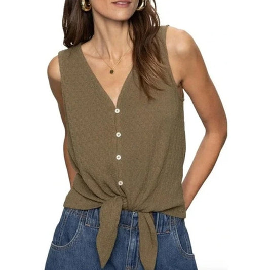 Sanctuary Women's Textured Sleeveless "Link Up" Button Top in Burnt Olive, XXS