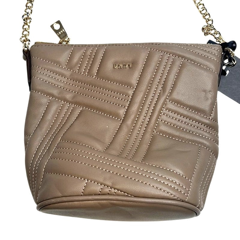 DKNY Quilted Tan Leather Bucket Bag, Crossbody Strap, Gold Hardware, NWT!