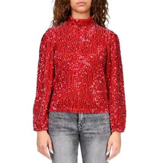 Sanctuary All Nighter Sequinned Mock Neck In Rouge Red, Size XL