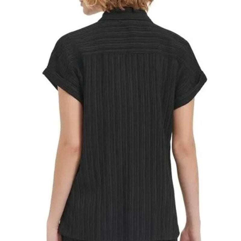 Calvin Klein Women's Short Sleeve Crinkle Button Up Top in Black