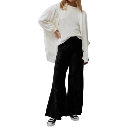 Free People Star Sign Ribbed Wide Leg Velvet Pants in Black