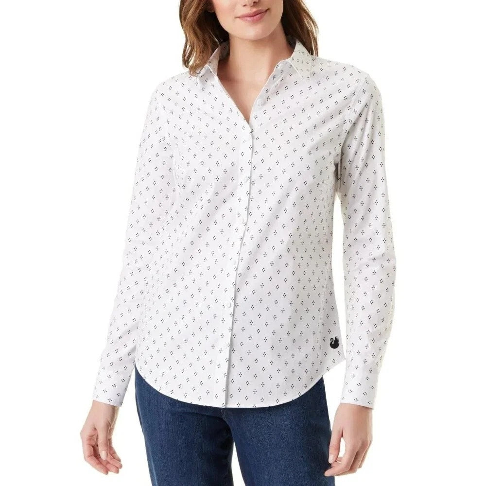 Gloria Vanderbilt Women's Amanda Long-Sleeve Fit Vintage White Diamond Dot Top