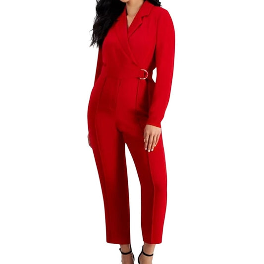 INC International Concepts Petite Long-Sleeve Collared Jumpsuit in Red Zenith