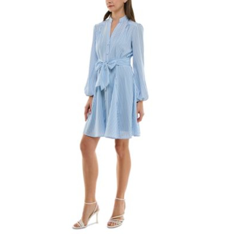 Taylor Women's Striped Tie-Waist Long-Sleeve Dress in Chambray Blue & White