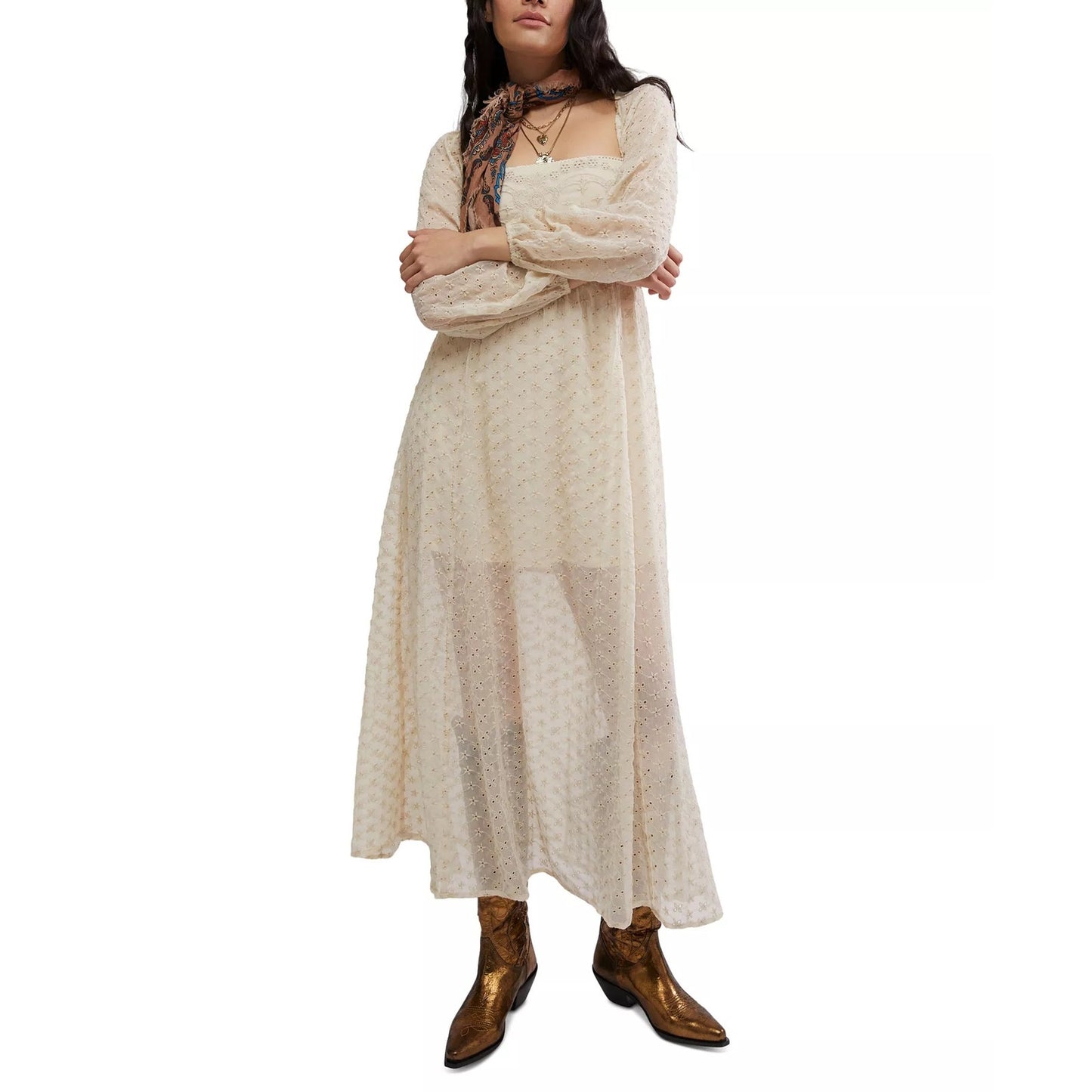 Free People Malina Embroidered Eyelet Maxi Dress in Ivory