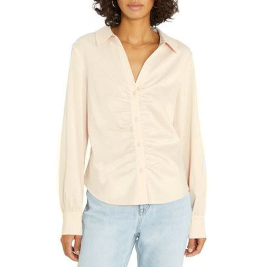 Sanctuary Women's Time To Shine Ruched Button-Down Top Blouse In Moonlight, XS