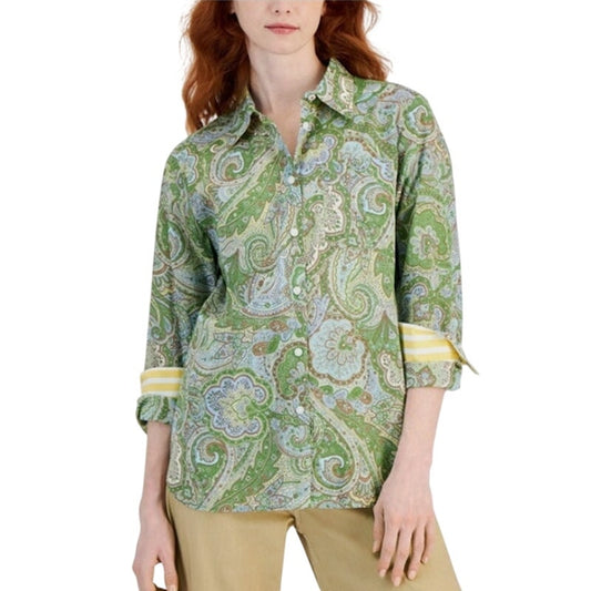 Nautica Jeans Women's Cotton Paisley Print Button Up Top in Salted Lime Green