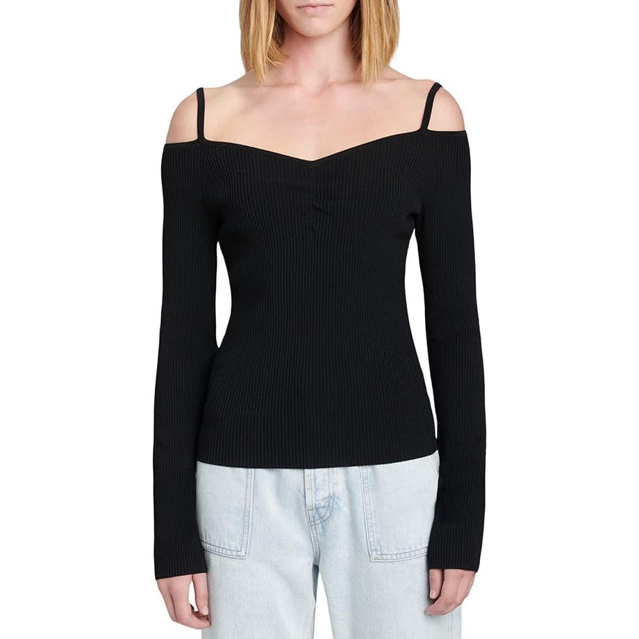 7 For All Mankind Off Shoulder Long Sleeve Top Ribbed Black, Size Small