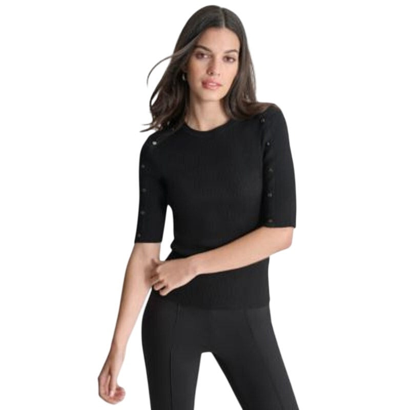 DKNY Women's Short-Sleeve Button Sweater in Black