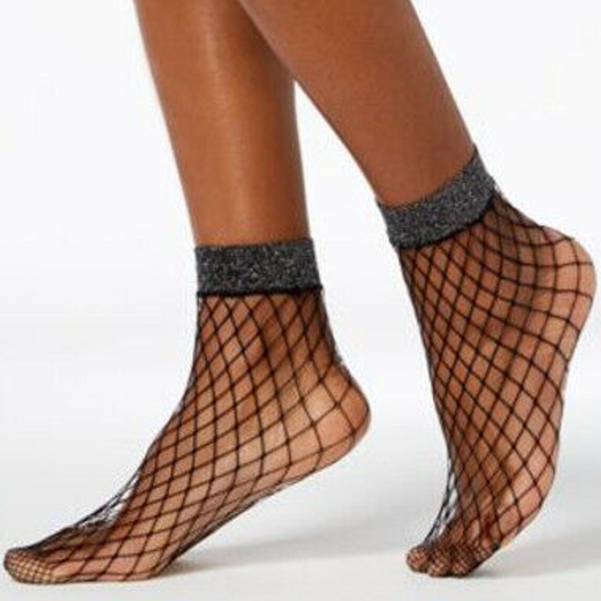 INC International Concepts Ladies Fishnet Socks, Black/Metallic, 2 Pack