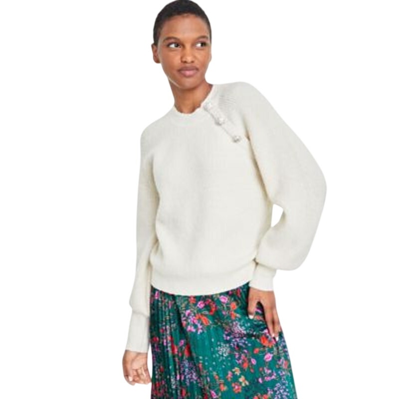 On 34th Women's Raglan-Sleeve Jeweled-Shoulder Sweater in Alabaster Cream