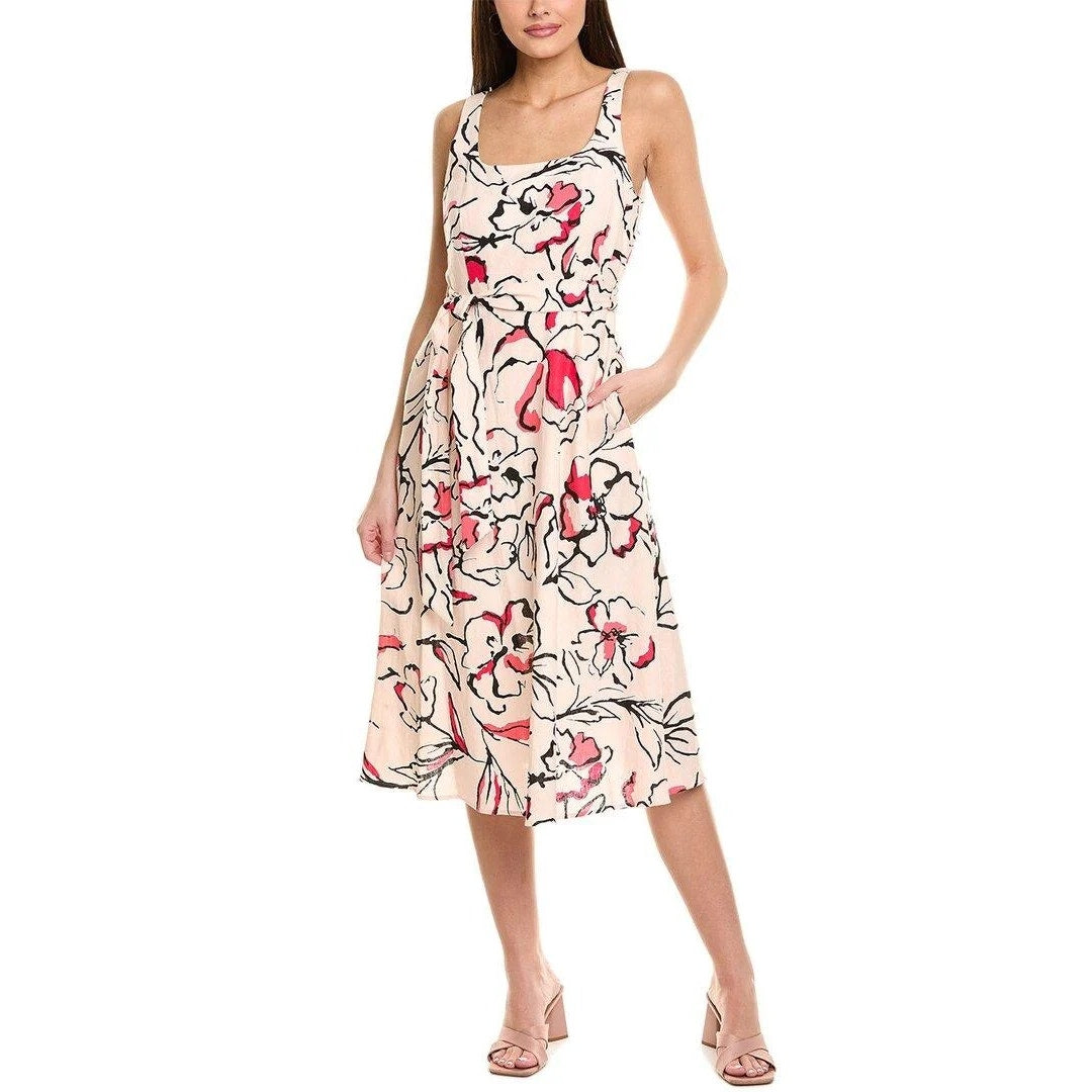 Karl Lagerfeld Printed Linen-Blend Midi Dress in Pink Black Multi