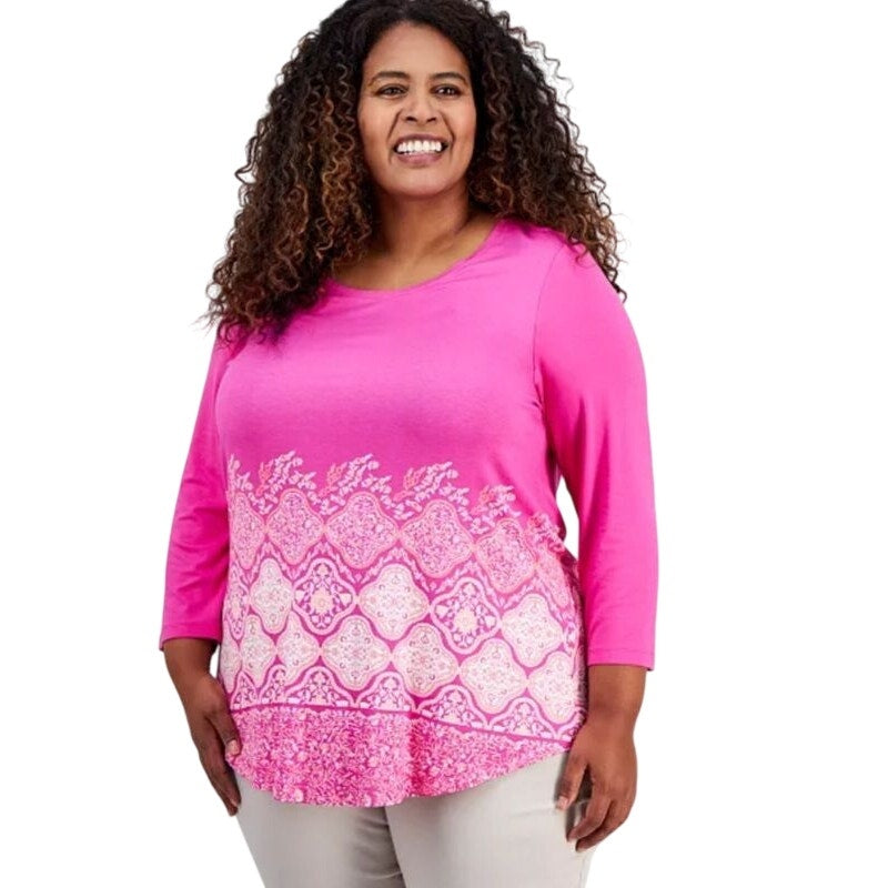 JM Collection Women's Plus Size Printed Winding Elegance Top in Petunia Pink