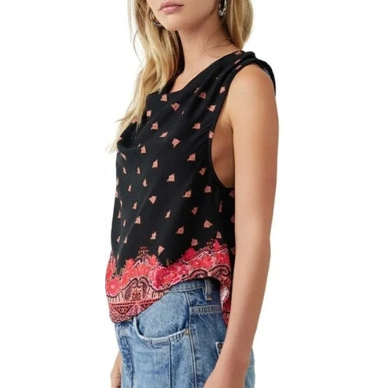 Free People Women's Black & Pink Floral Motif Open Back Top, Size Small