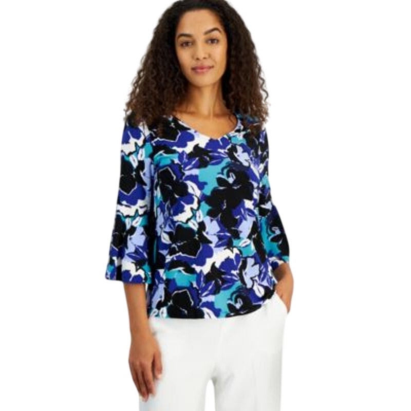 Kasper Women's V-Neck Floral Bell-Sleeve Top in Royal Blue Signature Multi